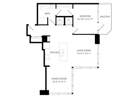 Floor plan for 1 bed, 1 bath, 898 sqft